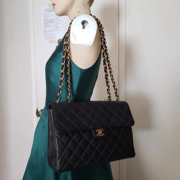 Chanel classic single flap black caviar gold hw bag jumbo - Picture 11 of 14